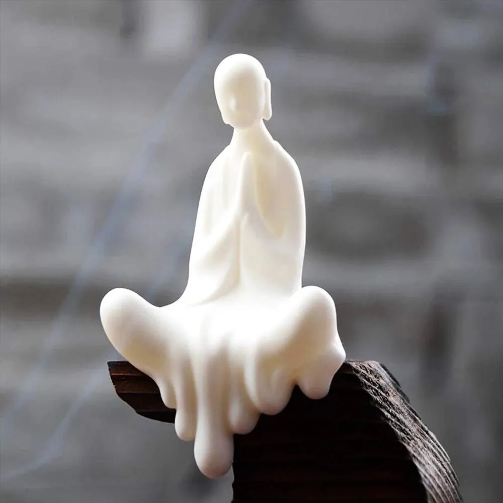 Kingzhuo White Ceramic Cute Sitting Buddha Statue Beautiful Sculpture Praying Hands Meditation Monk Figurine Peaceful Little Statue Home Decor Ornaments Delicate Crafts Handmade 4'' Inch Tall