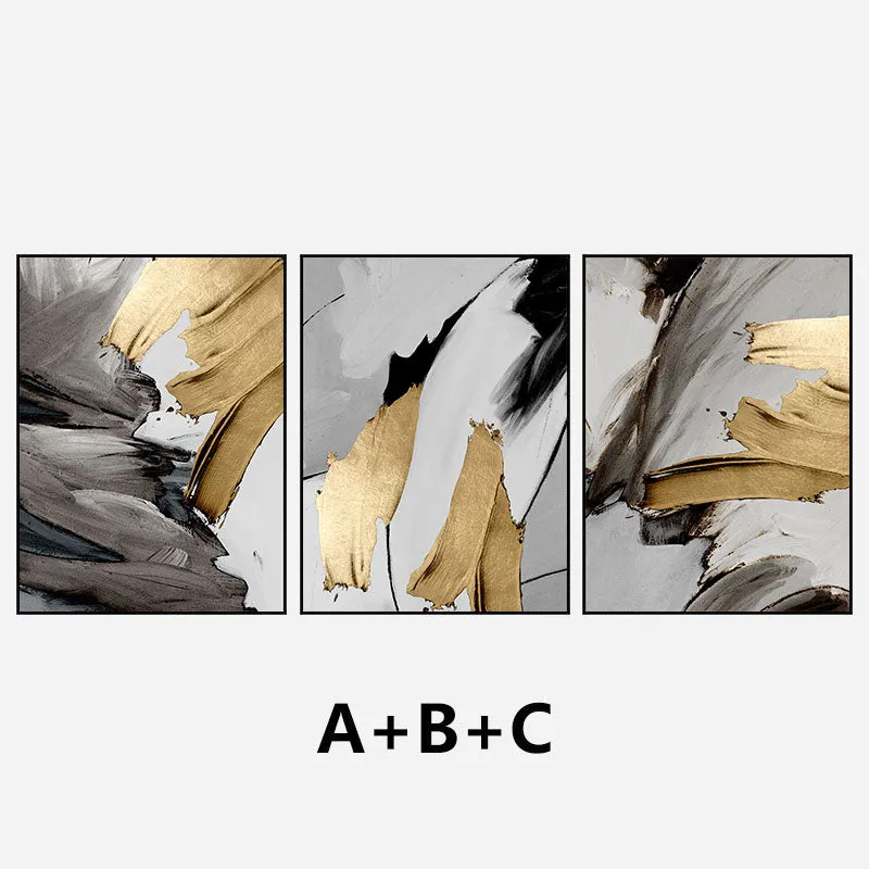 Modern Abstract Gray Golden Paint Daub Wall Art Fine Art Canvas Prints Pictures For Luxury Loft Apartment Living Room Home Office Decor