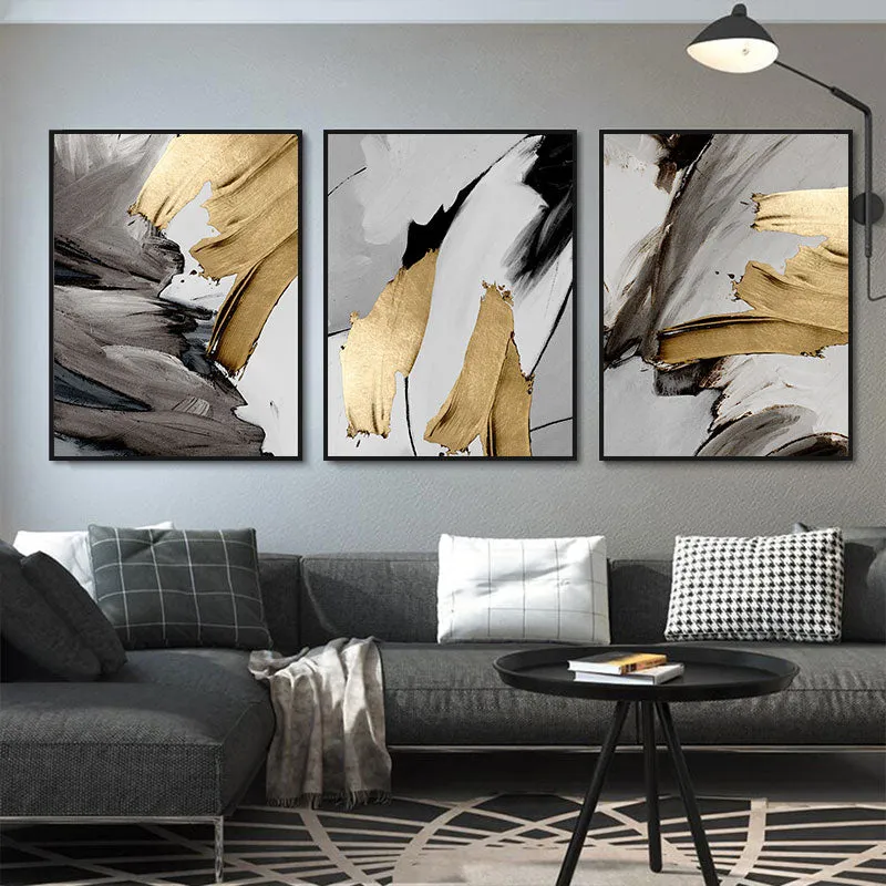 Modern Abstract Gray Golden Paint Daub Wall Art Fine Art Canvas Prints Pictures For Luxury Loft Apartment Living Room Home Office Decor