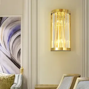 Modern Gold Wall Light Fixture with Clear Crystal Shade, Half Cylinder Design, 2 Lights