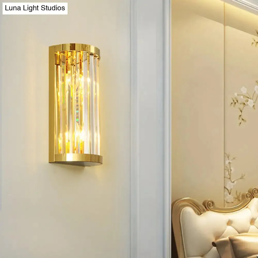 Modern Gold Wall Light Fixture with Clear Crystal Shade, Half Cylinder Design, 2 Lights