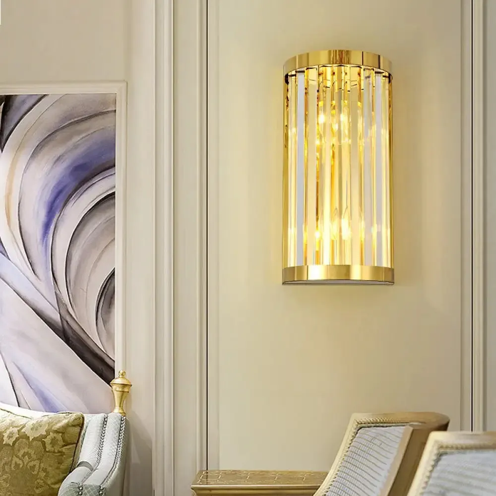 Modern Gold Wall Light Fixture with Clear Crystal Shade, Half Cylinder Design, 2 Lights