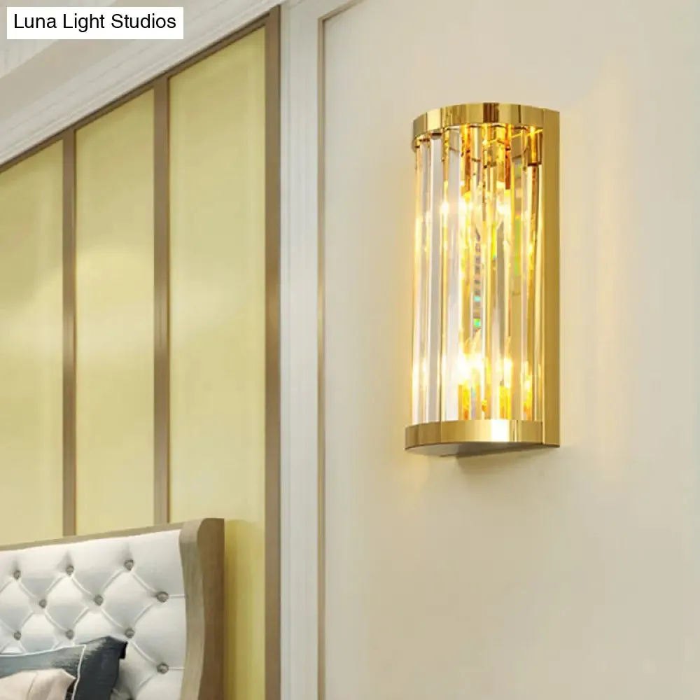 Modern Gold Wall Light Fixture with Clear Crystal Shade, Half Cylinder Design, 2 Lights