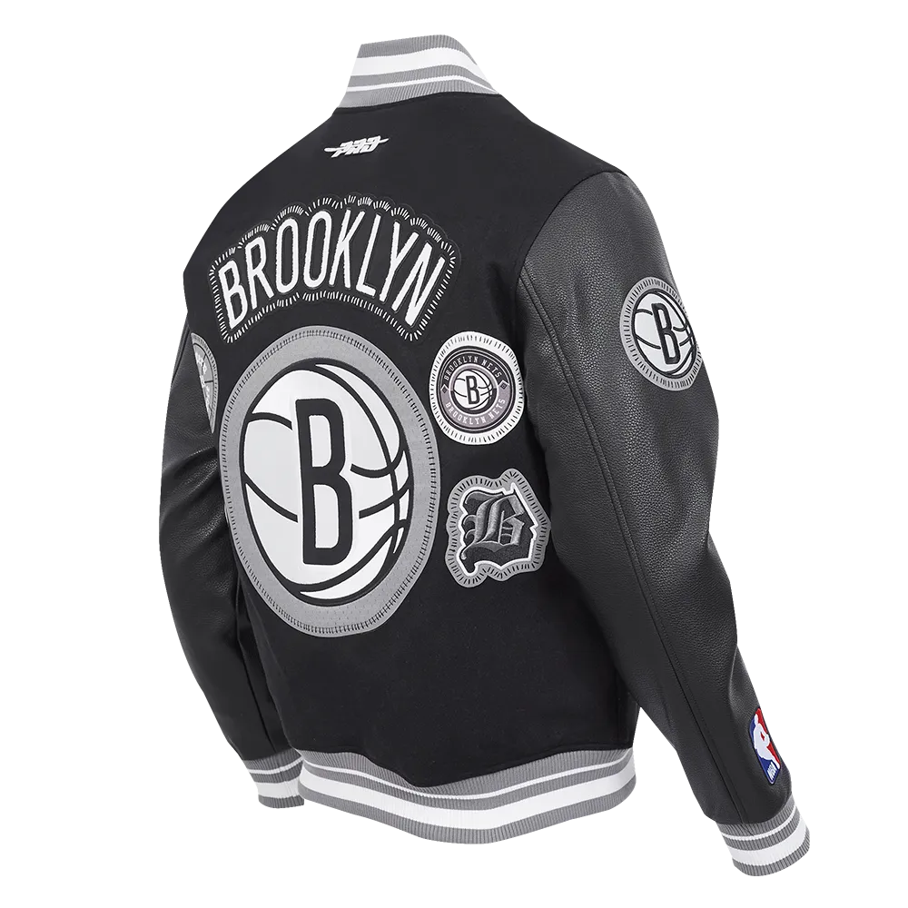 NBA BROOKLYN NETS DIY PICK STITCH MEN'S RIB WOOL VARSITY JACKET (BLACK/GRAY)