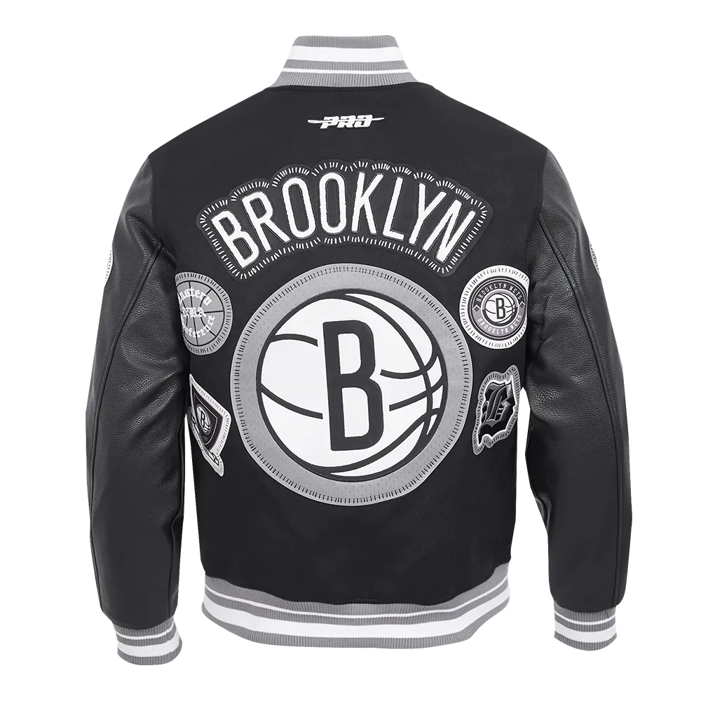 NBA BROOKLYN NETS DIY PICK STITCH MEN'S RIB WOOL VARSITY JACKET (BLACK/GRAY)