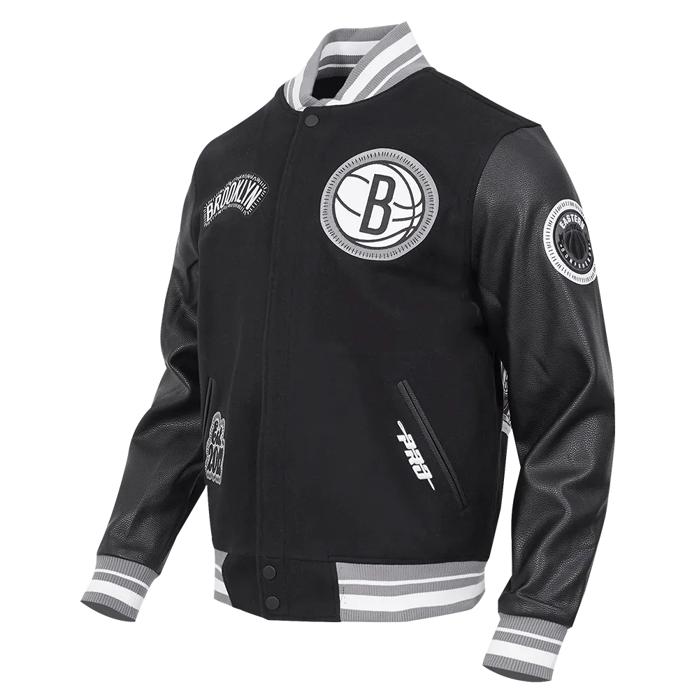 NBA BROOKLYN NETS DIY PICK STITCH MEN'S RIB WOOL VARSITY JACKET (BLACK/GRAY)