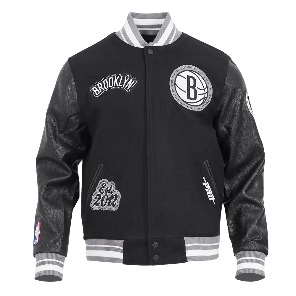 NBA BROOKLYN NETS DIY PICK STITCH MEN'S RIB WOOL VARSITY JACKET (BLACK/GRAY)