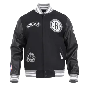NBA BROOKLYN NETS DIY PICK STITCH MEN'S RIB WOOL VARSITY JACKET (BLACK/GRAY)