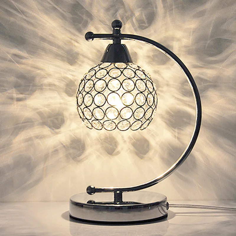 Nordic Domed Crystal Table Lamp - Small Desk Lighting with Arched Arm in Silver
