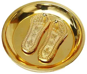Rudram Golden Laxmi Charan Paduka || Metal Laxmi Charan || Laxmi with Plate for Diwali Pooja, Prosperity - 4 cm (Brass, Gold)