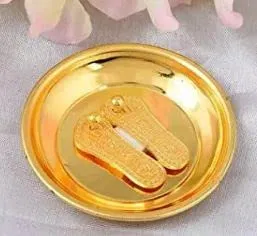 Rudram Golden Laxmi Charan Paduka || Metal Laxmi Charan || Laxmi with Plate for Diwali Pooja, Prosperity - 4 cm (Brass, Gold)