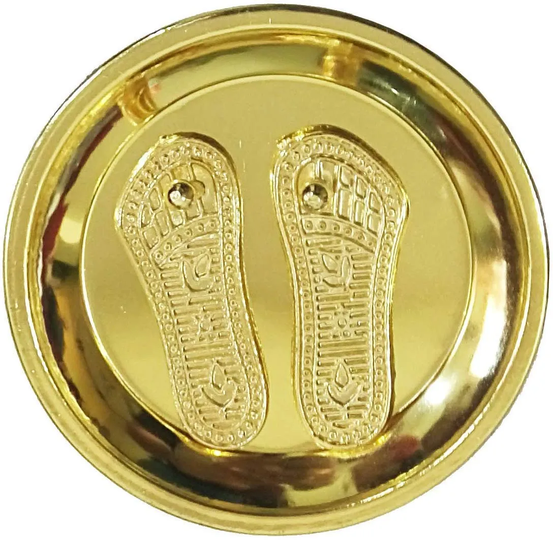 Rudram Golden Laxmi Charan Paduka || Metal Laxmi Charan || Laxmi with Plate for Diwali Pooja, Prosperity - 4 cm (Brass, Gold)