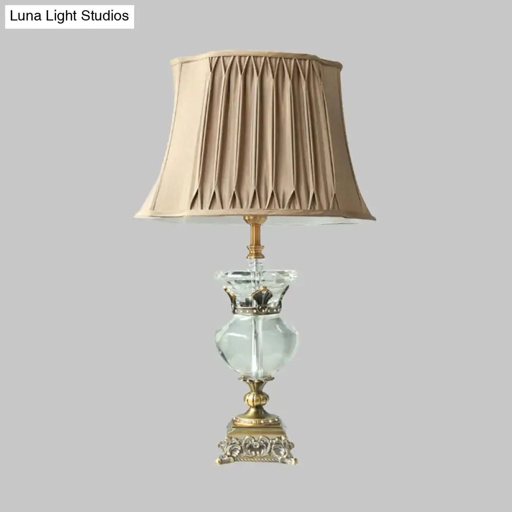 Rustic Single Head Light Brown Table Lamp with Crystal Accent - Pleated Shade, Indoor Nightstand Light