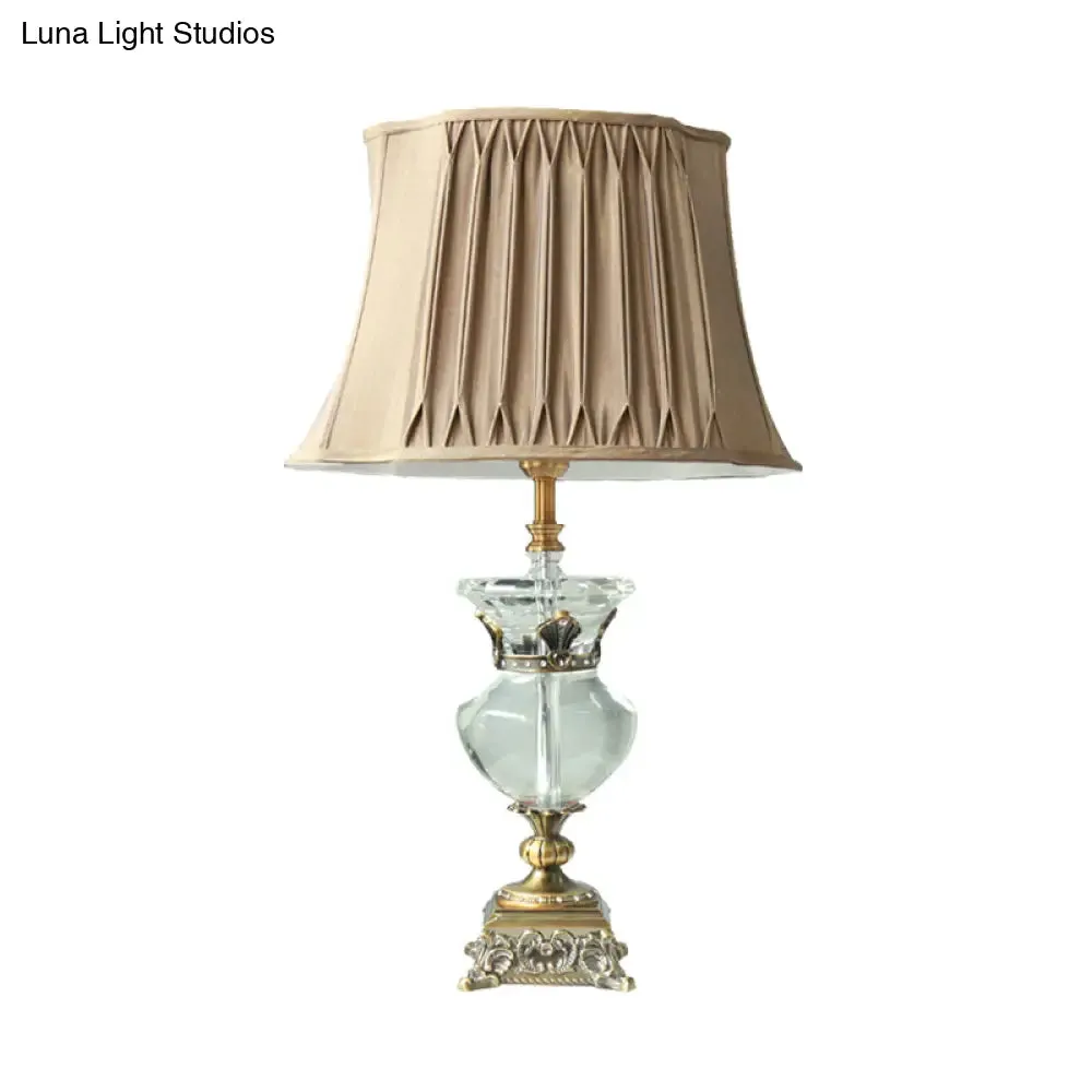 Rustic Single Head Light Brown Table Lamp with Crystal Accent - Pleated Shade, Indoor Nightstand Light