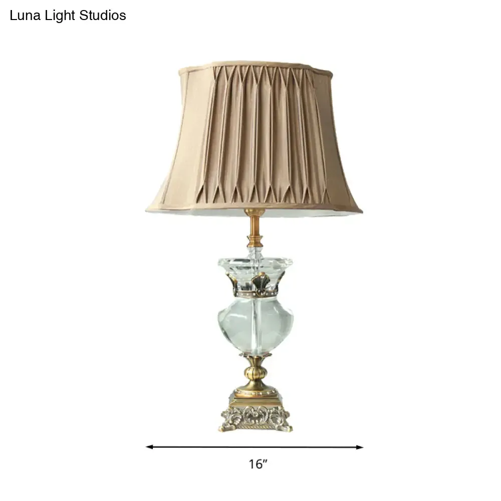 Rustic Single Head Light Brown Table Lamp with Crystal Accent - Pleated Shade, Indoor Nightstand Light