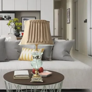 Rustic Single Head Light Brown Table Lamp with Crystal Accent - Pleated Shade, Indoor Nightstand Light
