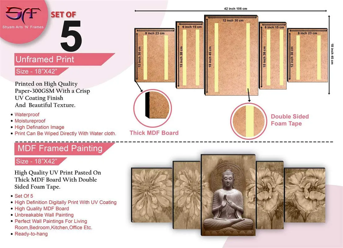 SAF paintings Set of 5 Buddha UV Textured Home Decorative Gift Item MDF Panel Painting 18 Inch X 42 Inch SANFPNL31179