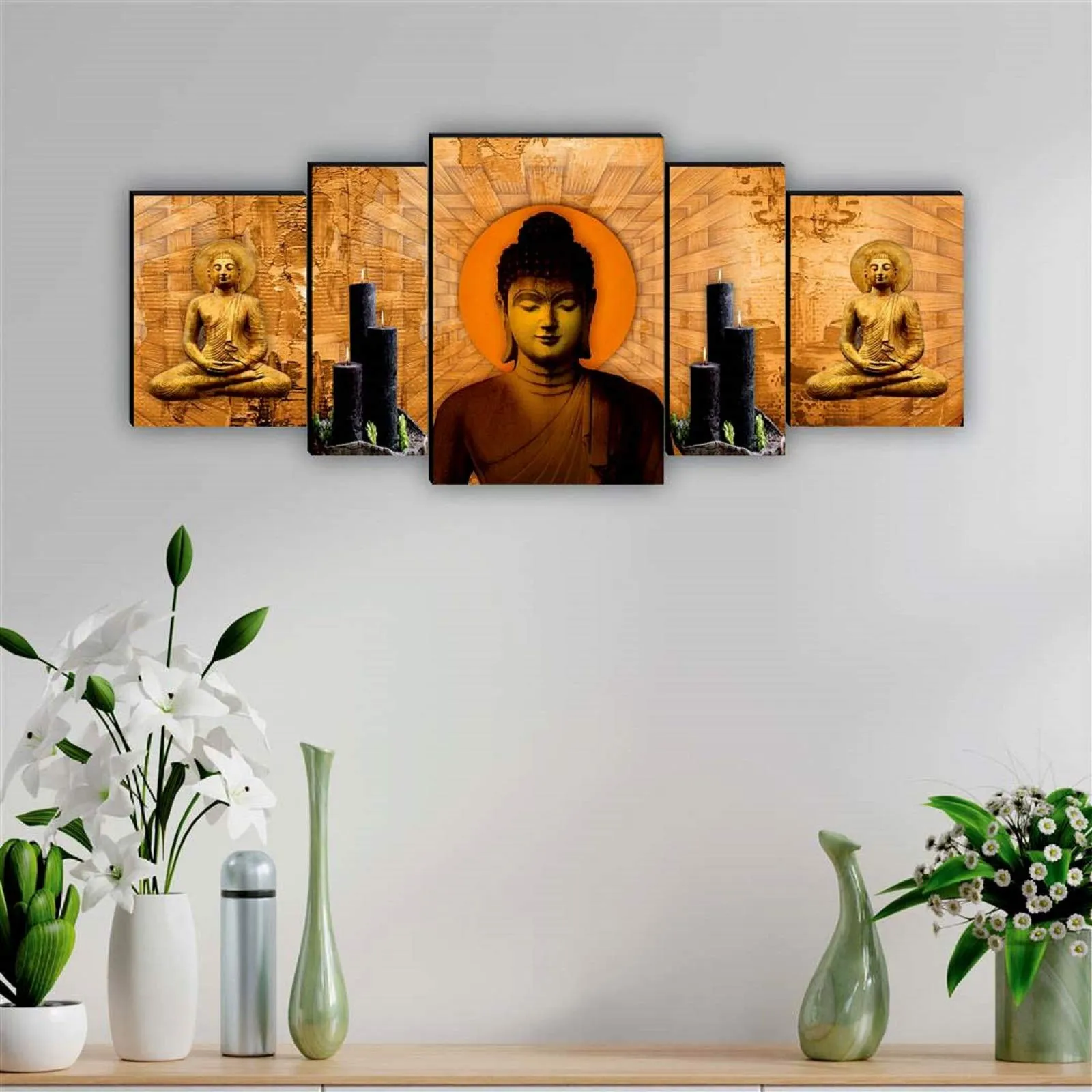SAF paintings Set of 5 Buddha UV Textured Home Decorative Gift Item MDF Panel Painting 18 Inch X 42 Inch SANFPNL31208