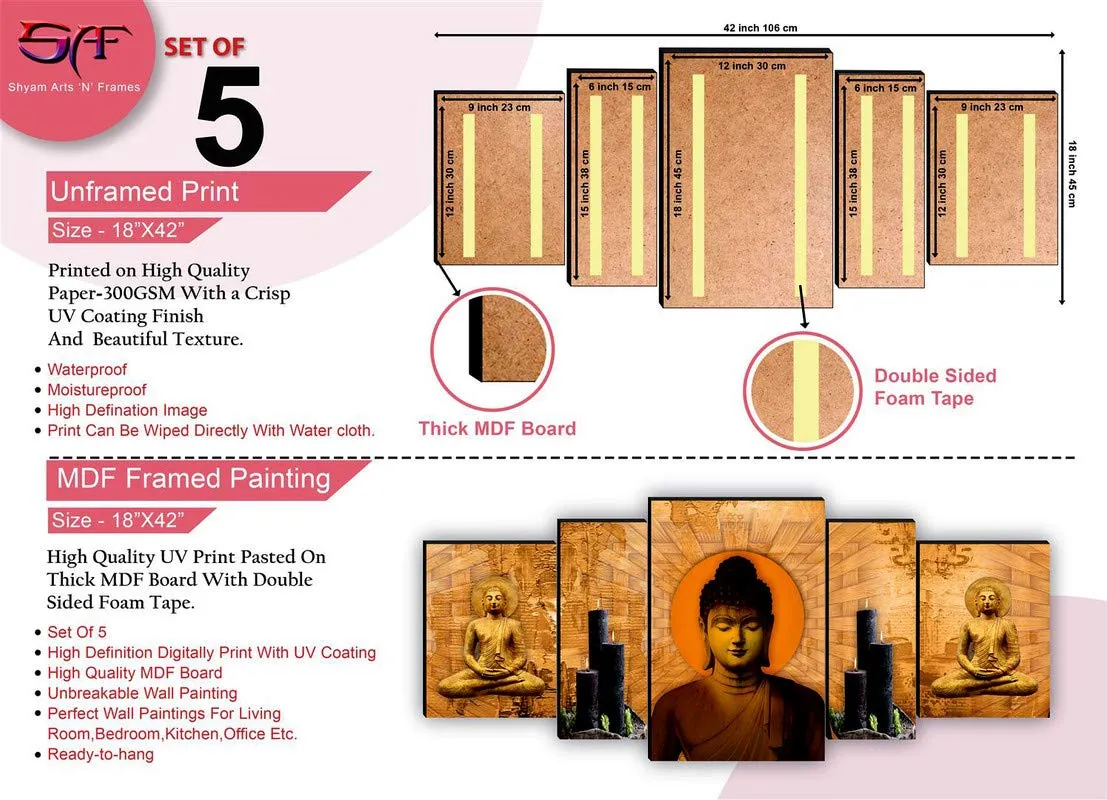 SAF paintings Set of 5 Buddha UV Textured Home Decorative Gift Item MDF Panel Painting 18 Inch X 42 Inch SANFPNL31208