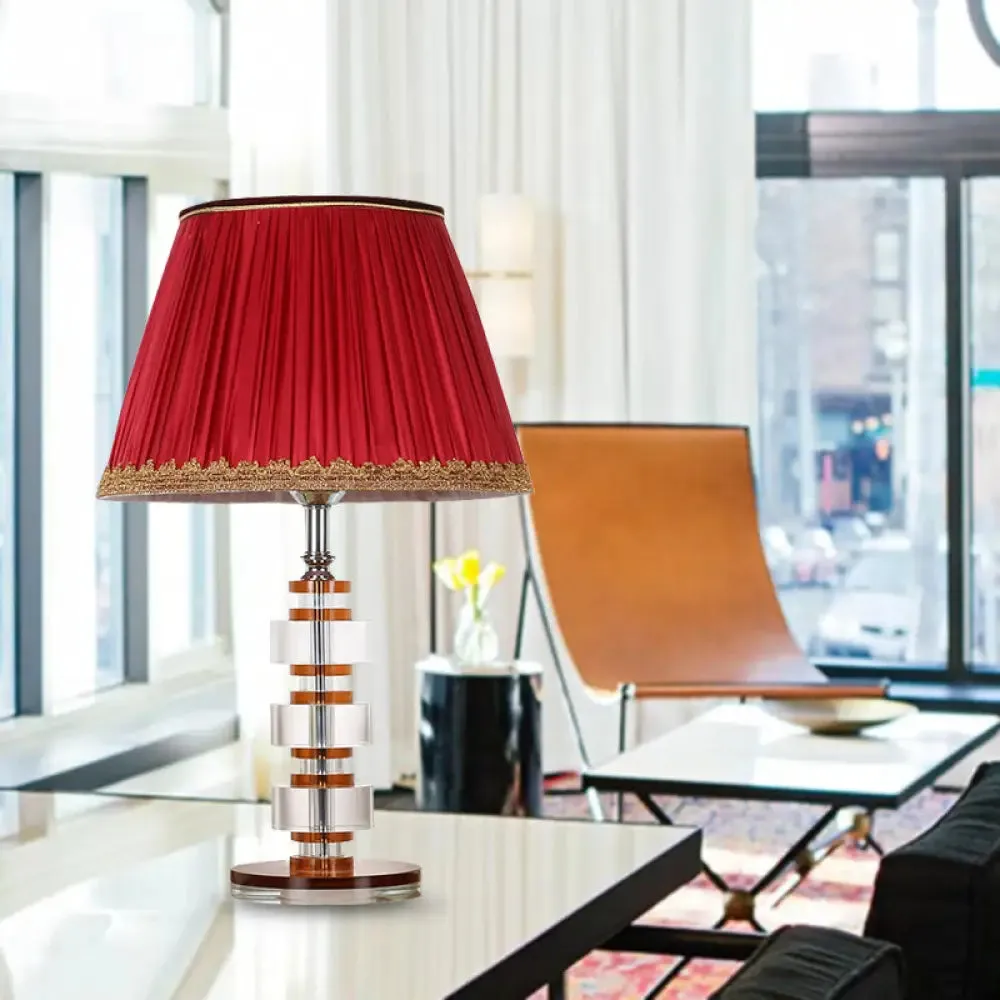 Simple Red Fabric Table Lamp with Crystal Accent - Perfect for Bedroom Nightstands