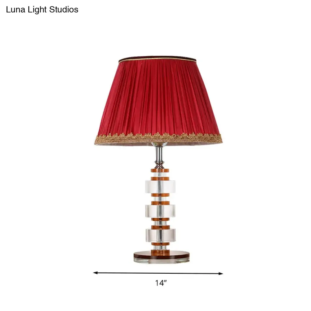 Simple Red Fabric Table Lamp with Crystal Accent - Perfect for Bedroom Nightstands