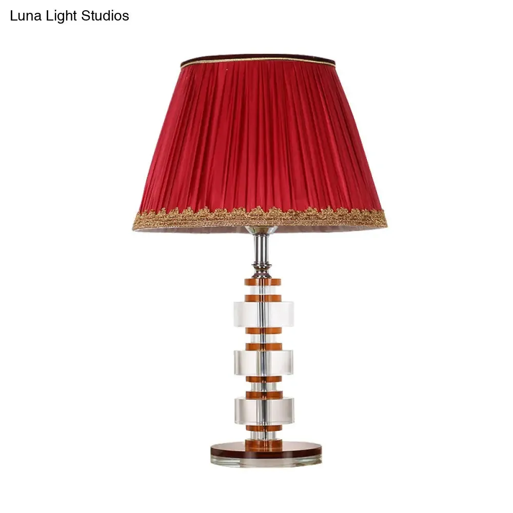 Simple Red Fabric Table Lamp with Crystal Accent - Perfect for Bedroom Nightstands
