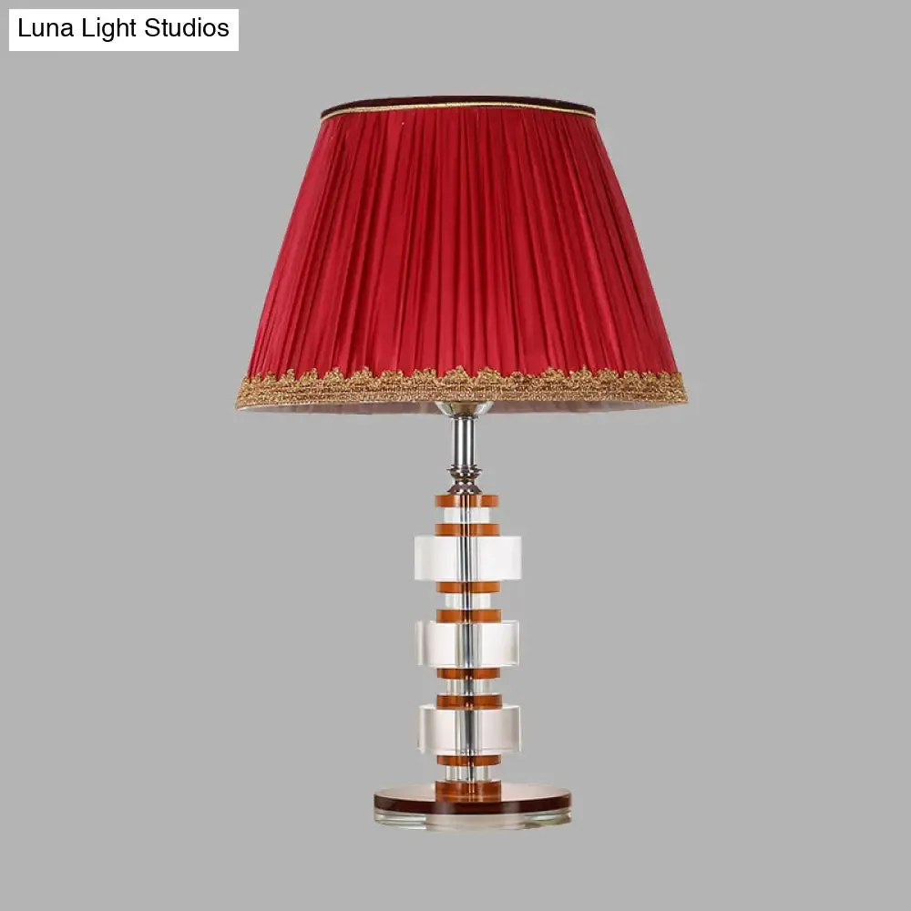 Simple Red Fabric Table Lamp with Crystal Accent - Perfect for Bedroom Nightstands