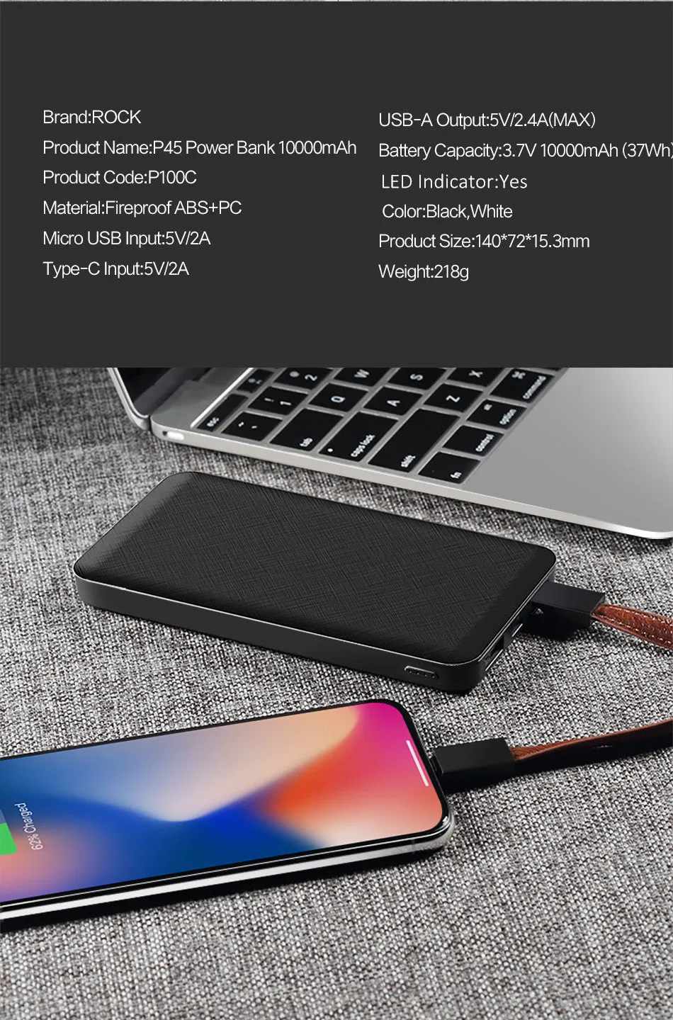 Slim Power Bank 10000mAh with LED Light