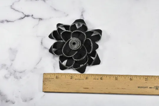 Twill Tape Zipper Flower Applique | Black Flower Patch Applique | Zipper Satin Ribbon Glue on Flower Applique | DIY Fashion I Sew-on Applique
