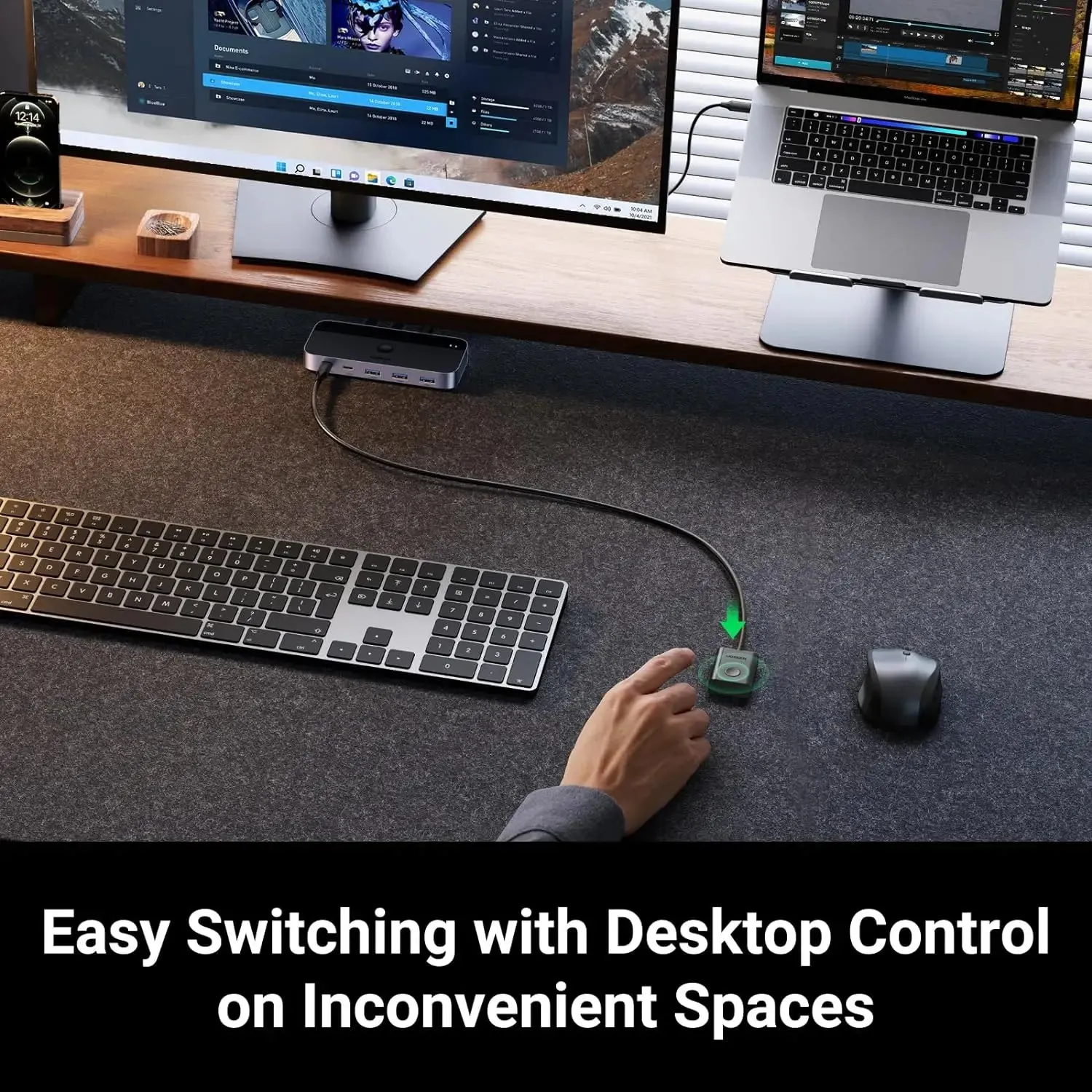 UGREEN USB 3.0 Switch 2 Computer Sharing USB C & A Devices, 4 Port USB Switcher Sharing Keyboard and Mouse, Printer/Scanner USB Switch Hub for Two Computers with 2 USB3.0 Cables and Remote (15705)
