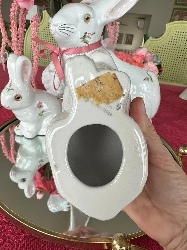 Vintage Bunny Set, White Bunnies with Pink Floral Motif, 2 Bunny Figurines and Bunny Planter