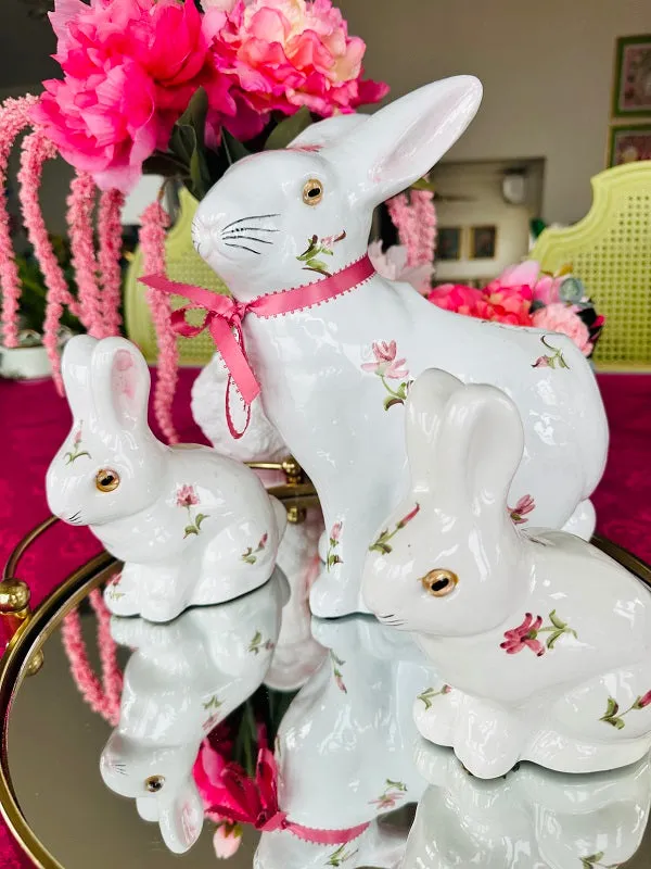 Vintage Bunny Set, White Bunnies with Pink Floral Motif, 2 Bunny Figurines and Bunny Planter