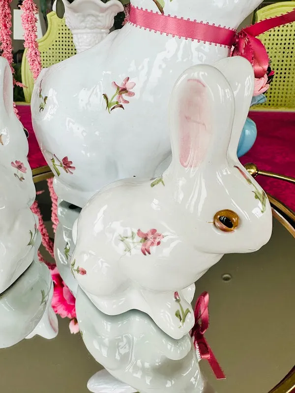 Vintage Bunny Set, White Bunnies with Pink Floral Motif, 2 Bunny Figurines and Bunny Planter