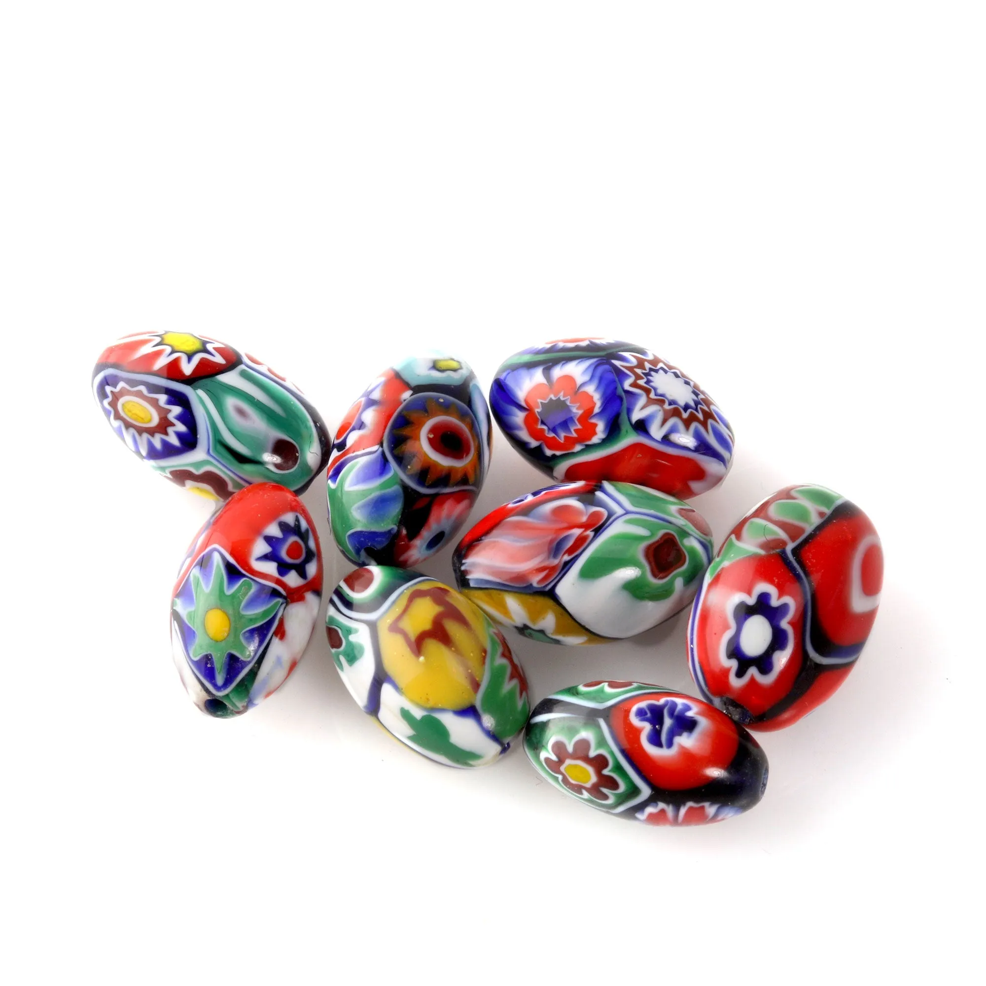Vintage Murano Moretti studio millefiori glass beads. C. 1950s.  13 x 8 mm ovals. Pkg.1. b1-1025